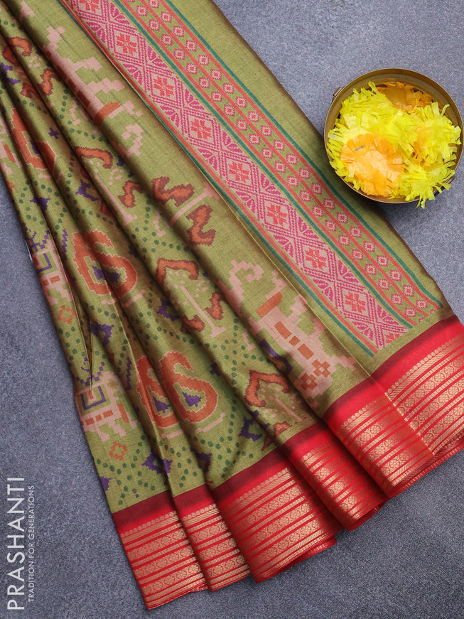 Semi kanchipuram silk saree mehendi green and red with allover digital prints and zari woven border