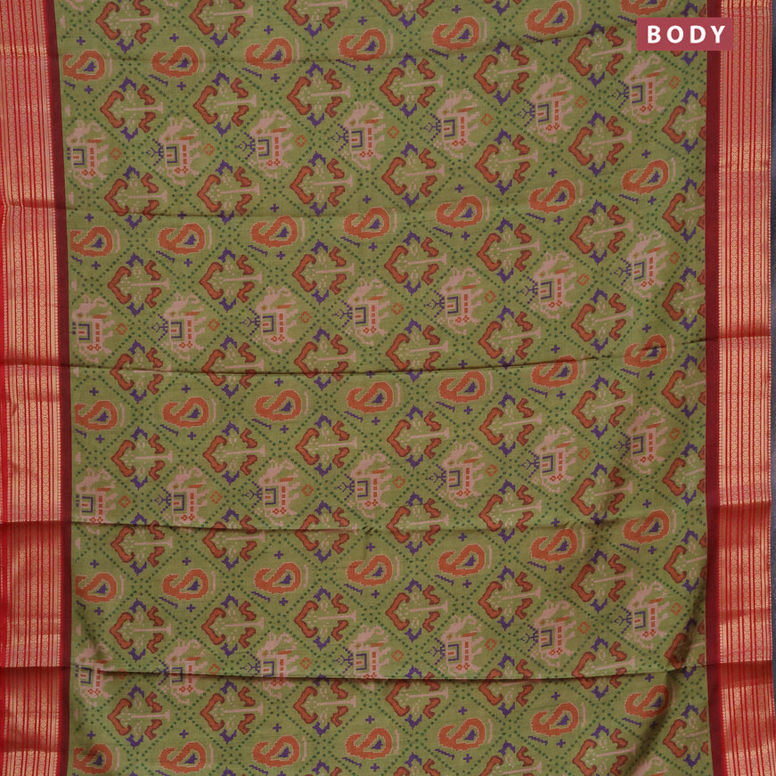 Semi kanchipuram silk saree mehendi green and red with allover digital prints and zari woven border