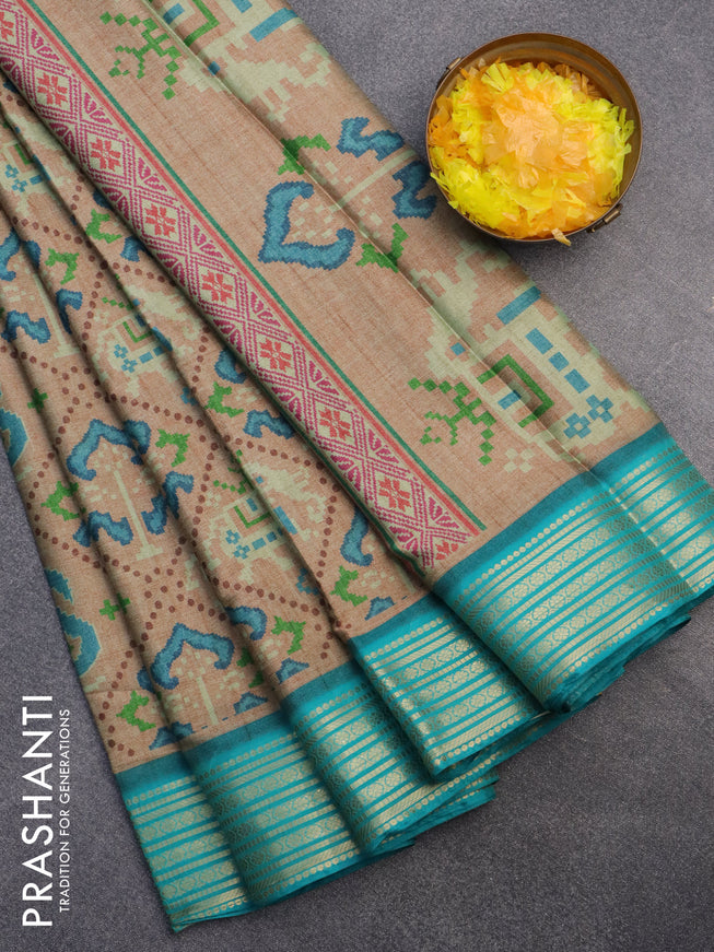 Semi kanchipuram silk saree sandal and teal blue with allover digital prints and zari woven border