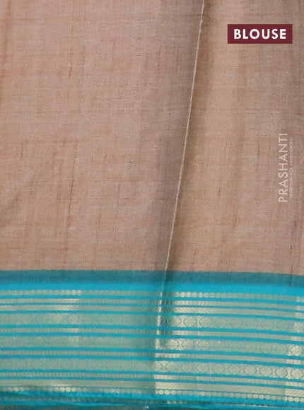 Semi kanchipuram silk saree sandal and teal blue with allover digital prints and zari woven border