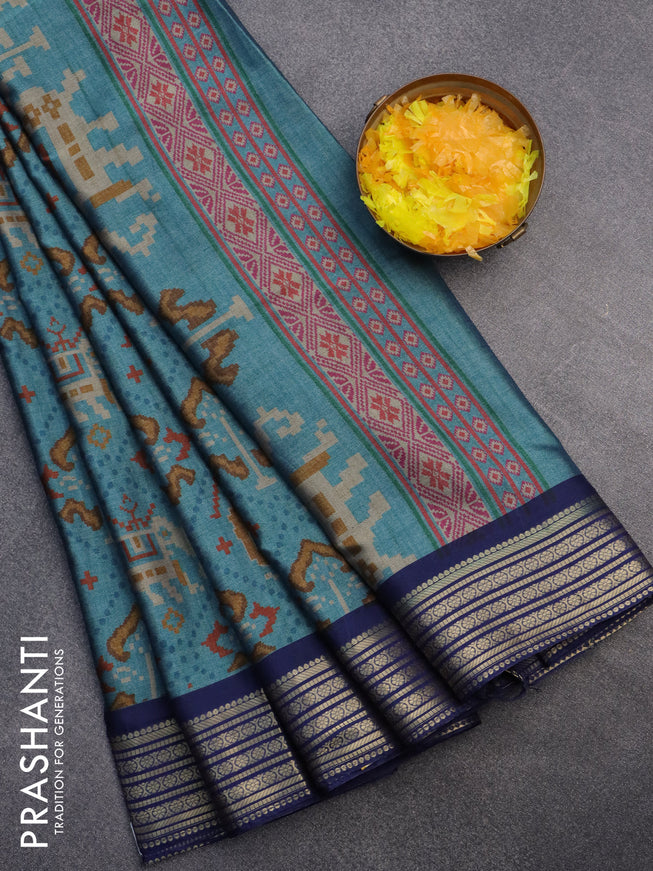 Semi kanchipuram silk saree blue shade and dark blue with allover digital prints and zari woven border