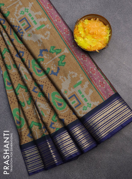 Semi kanchipuram silk saree dark sandal and blue with allover digital prints and zari woven border