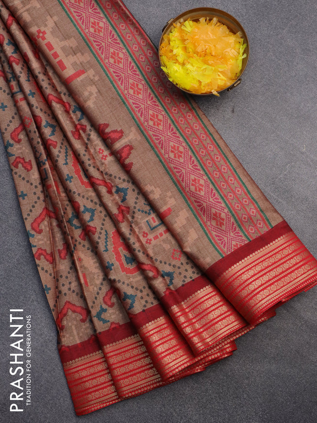 Semi kanchipuram silk saree brown and red with allover digital prints and zari woven border