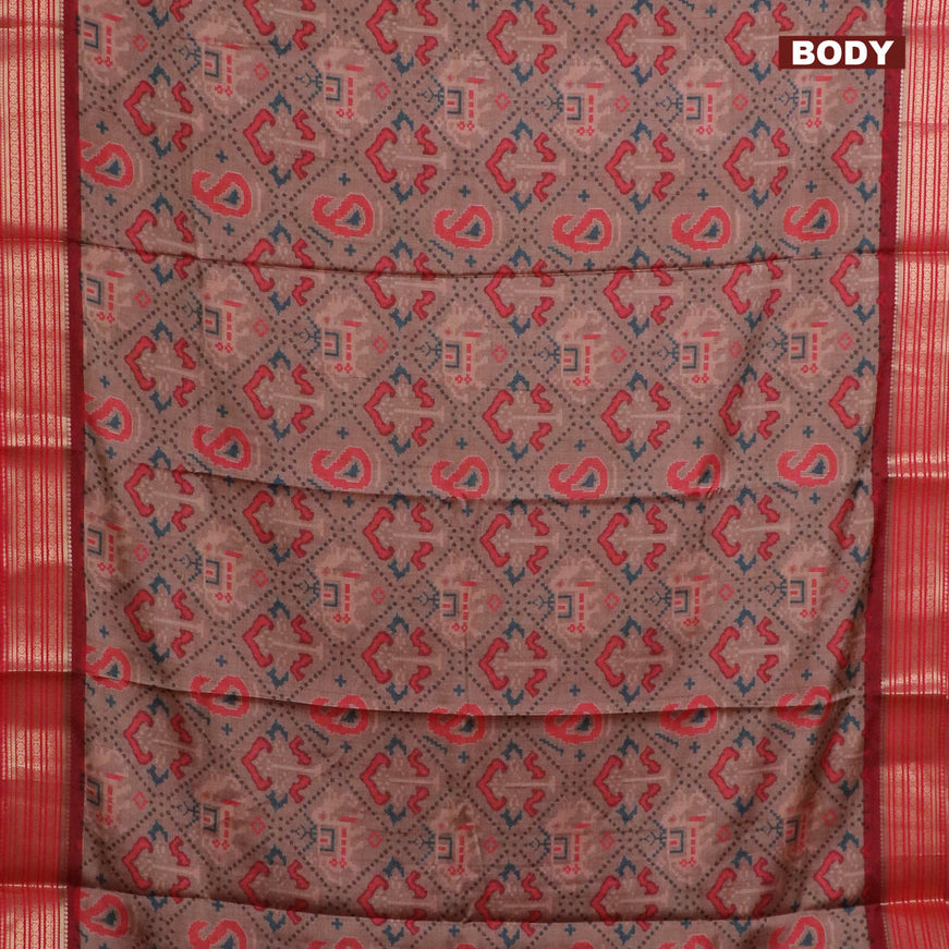 Semi kanchipuram silk saree brown and red with allover digital prints and zari woven border