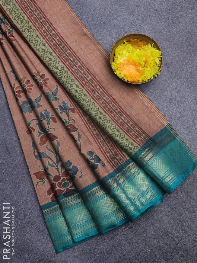 Semi kanchipuram silk saree brown shade and teal green with allover digital prints and zari woven border