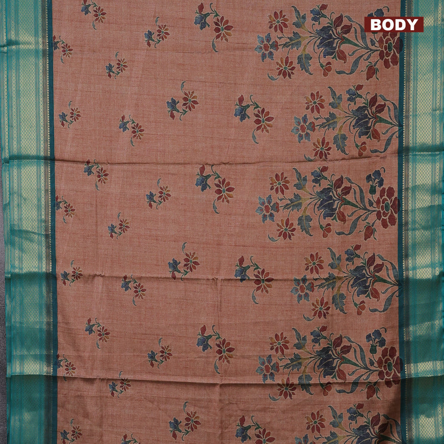 Semi kanchipuram silk saree brown shade and teal green with allover digital prints and zari woven border