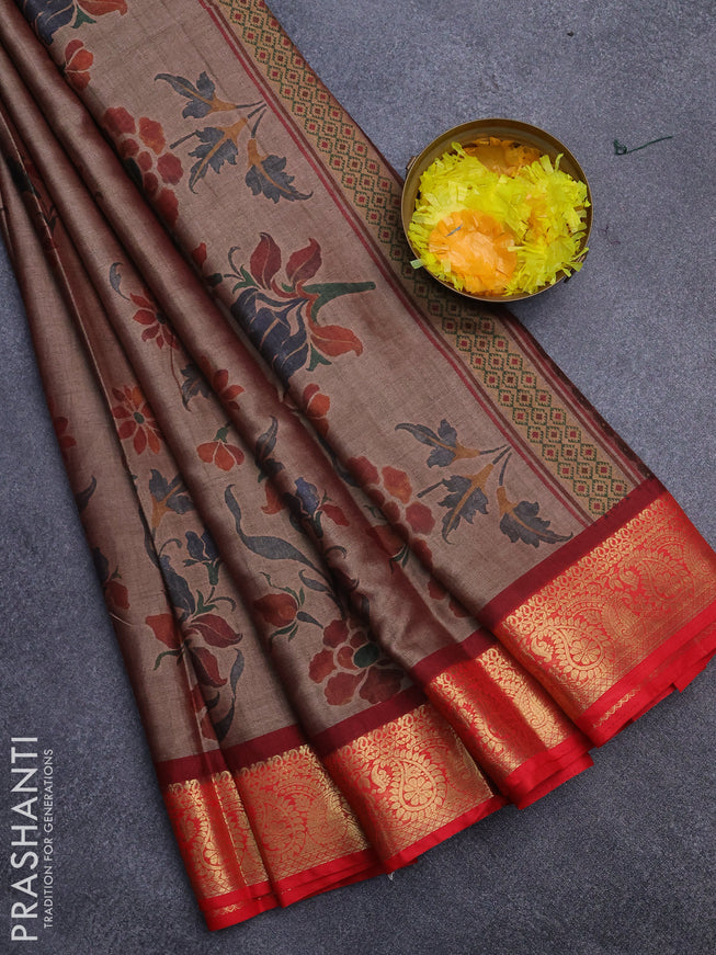 Semi kanchipuram silk saree brown and red with allover digital prints and zari woven border