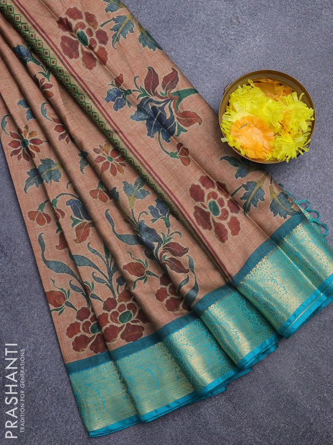 Semi kanchipuram silk saree rust shade and teal blue with allover digital prints and zari woven border