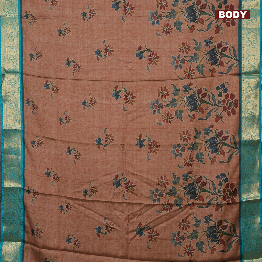 Semi kanchipuram silk saree rust shade and teal blue with allover digital prints and zari woven border