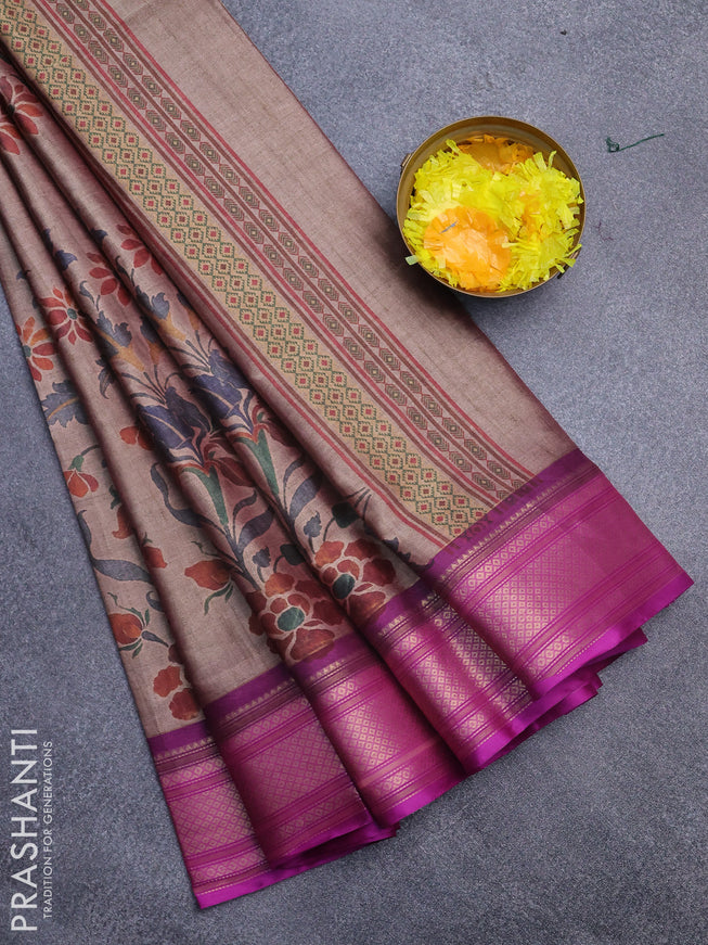 Semi kanchipuram silk saree brown shade and purple with allover digital prints and zari woven border