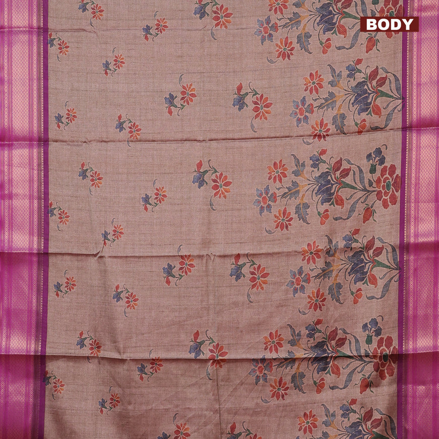 Semi kanchipuram silk saree brown shade and purple with allover digital prints and zari woven border