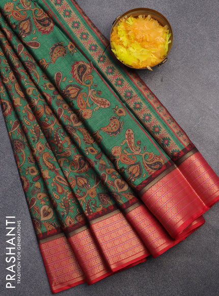 Semi kanchipuram silk saree green and red with allover digital prints and zari woven border