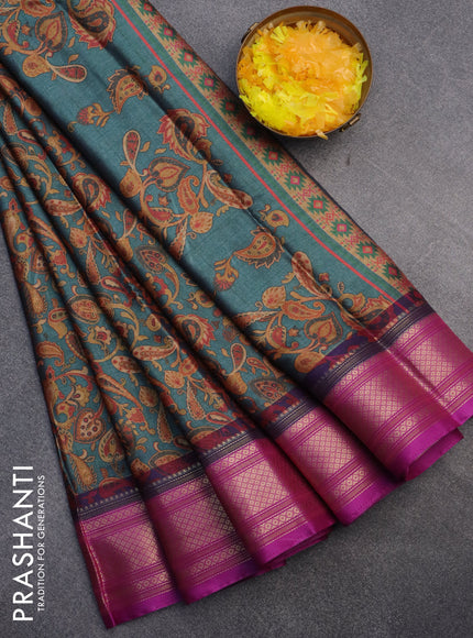 Semi kanchipuram silk saree green shade and purple with allover digital prints and zari woven border