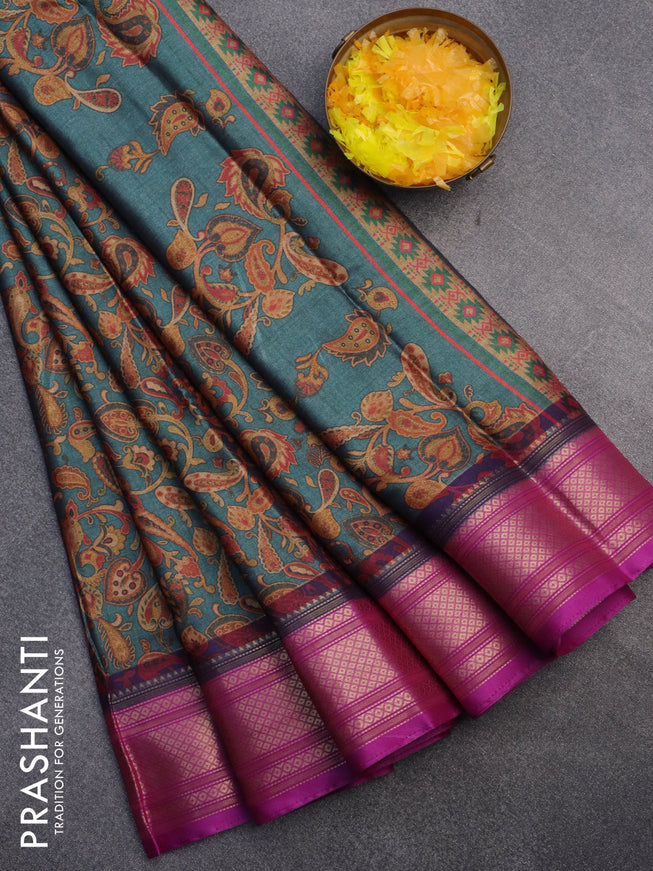 Semi kanchipuram silk saree green shade and purple with allover digital prints and zari woven border