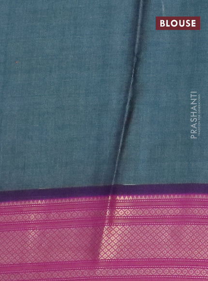 Semi kanchipuram silk saree green shade and purple with allover digital prints and zari woven border