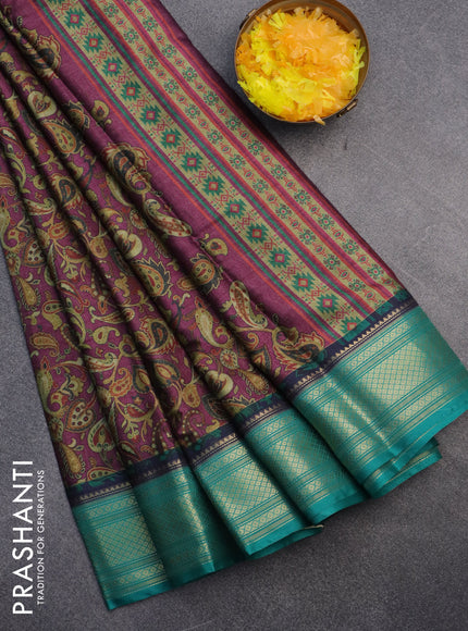 Semi kanchipuram silk saree purple and teal green with allover digital prints and zari woven border