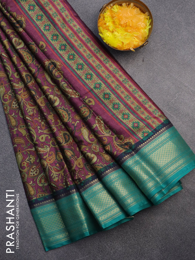 Semi kanchipuram silk saree purple and teal green with allover digital prints and zari woven border