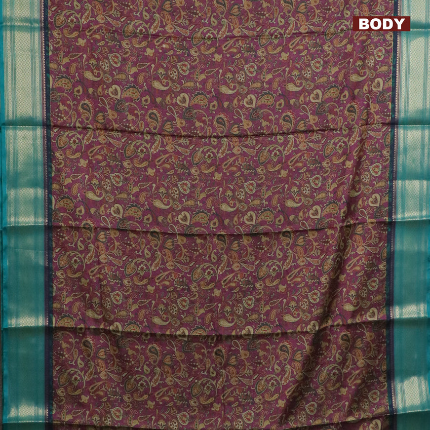 Semi kanchipuram silk saree purple and teal green with allover digital prints and zari woven border