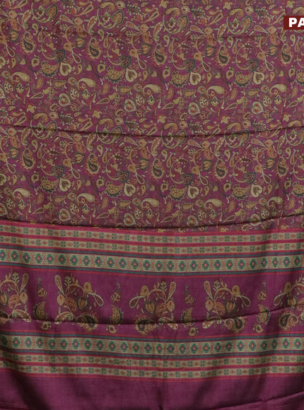 Semi kanchipuram silk saree purple and teal green with allover digital prints and zari woven border