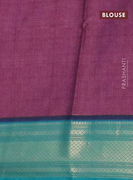 Semi kanchipuram silk saree purple and teal green with allover digital prints and zari woven border