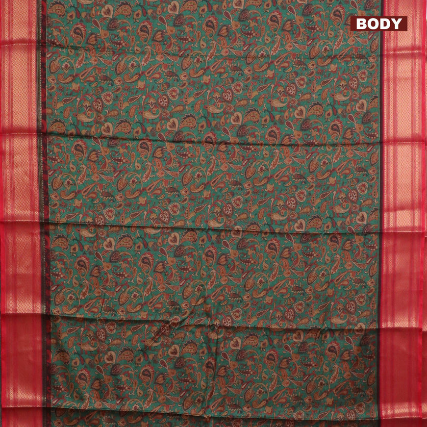 Semi kanchipuram silk saree green and red with allover digital prints and zari woven border