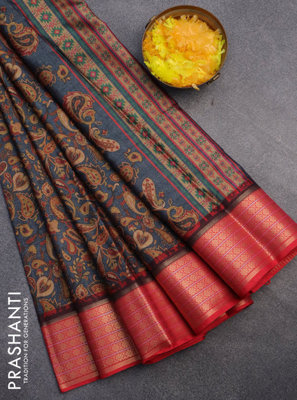 Semi kanchipuram silk saree grey and red with allover digital prints and zari woven border