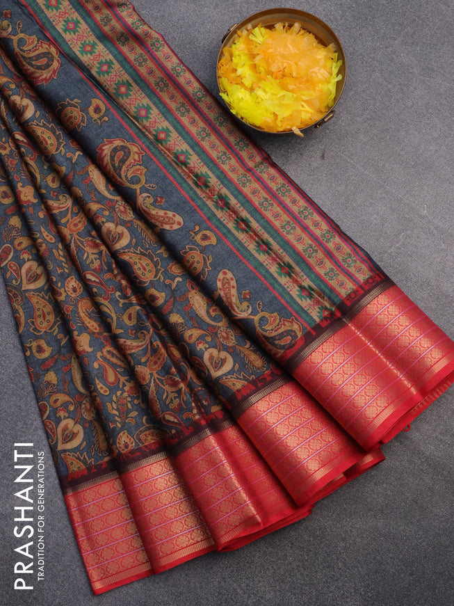 Semi kanchipuram silk saree grey and red with allover digital prints and zari woven border