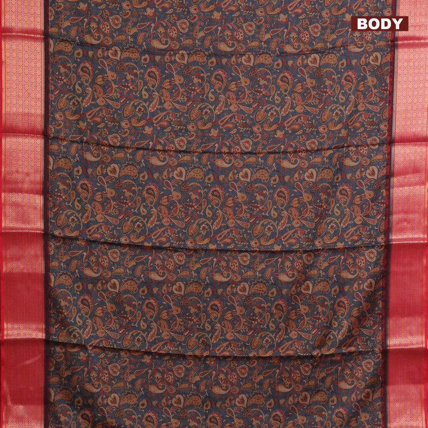 Semi kanchipuram silk saree grey and red with allover digital prints and zari woven border