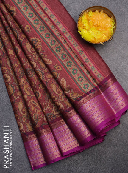 Semi kanchipuram silk saree maroon shade and purple with allover digital prints and zari woven border