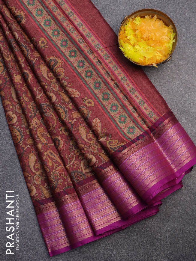 Semi kanchipuram silk saree maroon shade and purple with allover digital prints and zari woven border