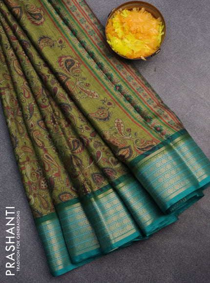 Semi kanchipuram silk saree mehendi green and teal green with allover digital prints and zari woven border