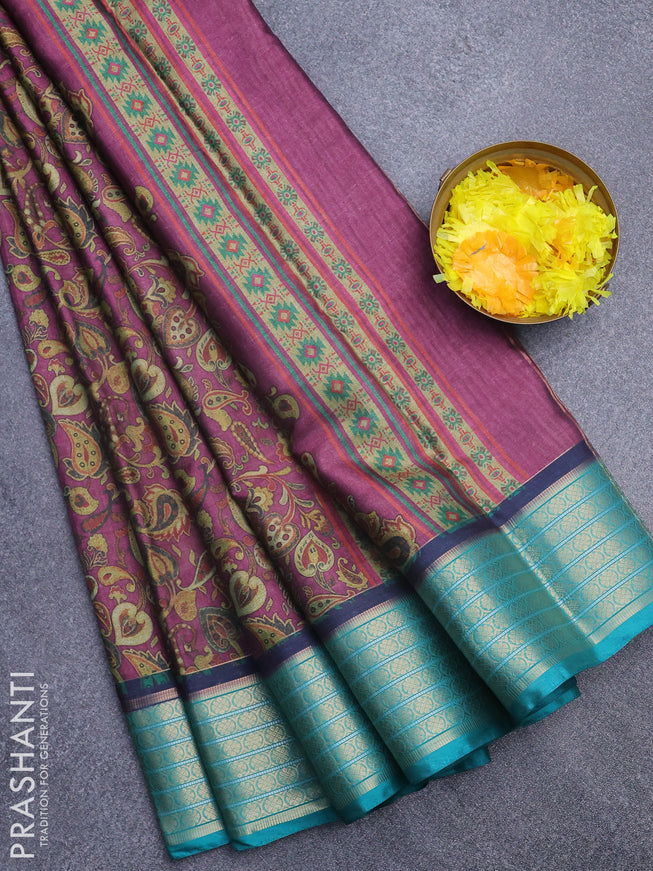 Semi kanchipuram silk saree purple shade and teal green with allover digital prints and zari woven border