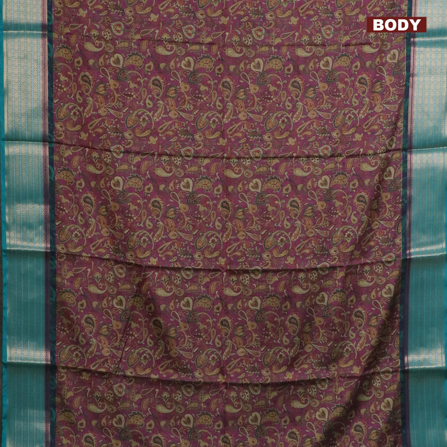 Semi kanchipuram silk saree purple shade and teal green with allover digital prints and zari woven border