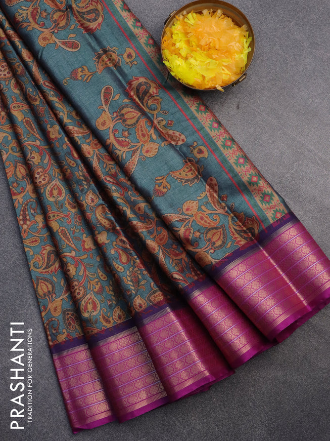 Semi kanchipuram silk saree grey and purple with allover digital prints and zari woven border