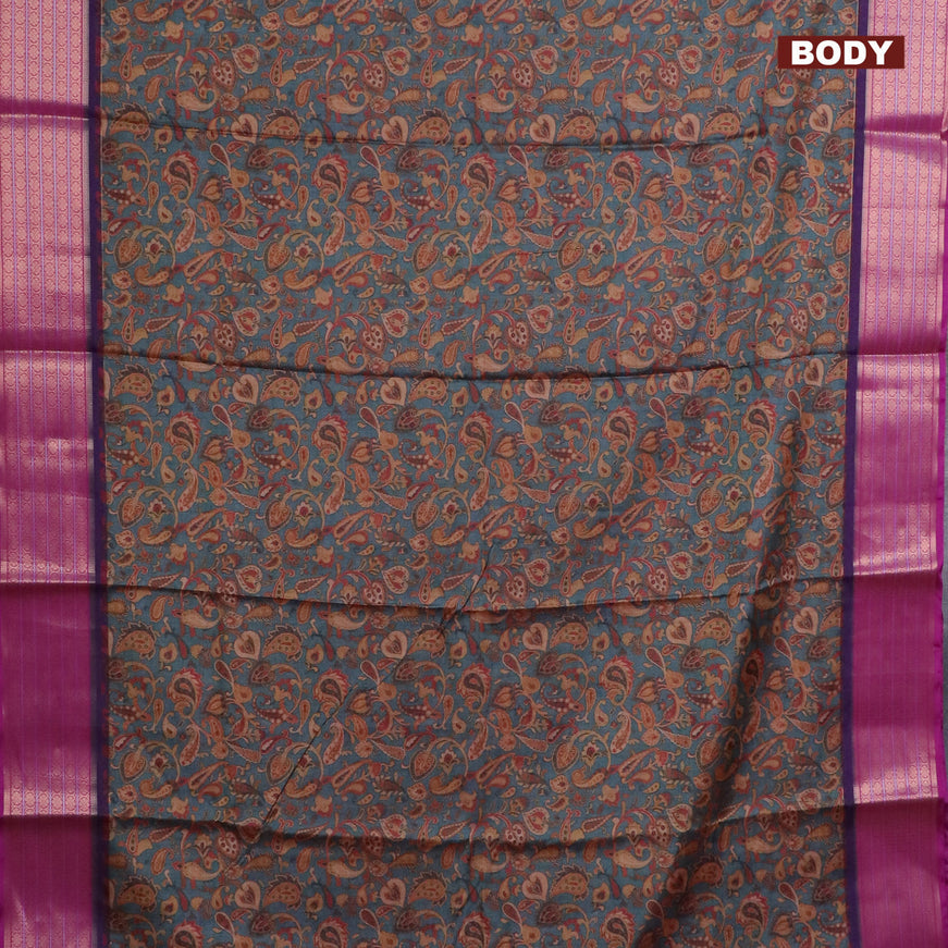 Semi kanchipuram silk saree grey and purple with allover digital prints and zari woven border