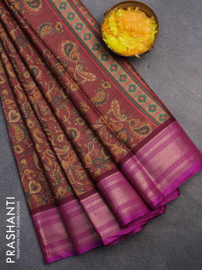 Semi kanchipuram silk saree brown and purple with allover digital prints and zari woven border