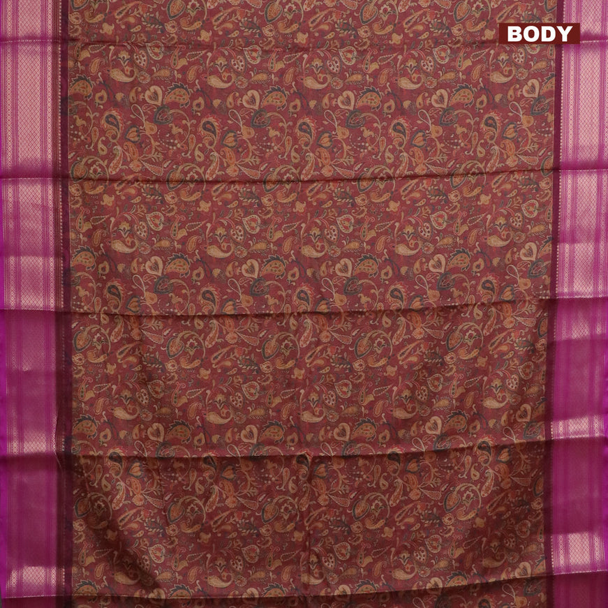 Semi kanchipuram silk saree brown and purple with allover digital prints and zari woven border