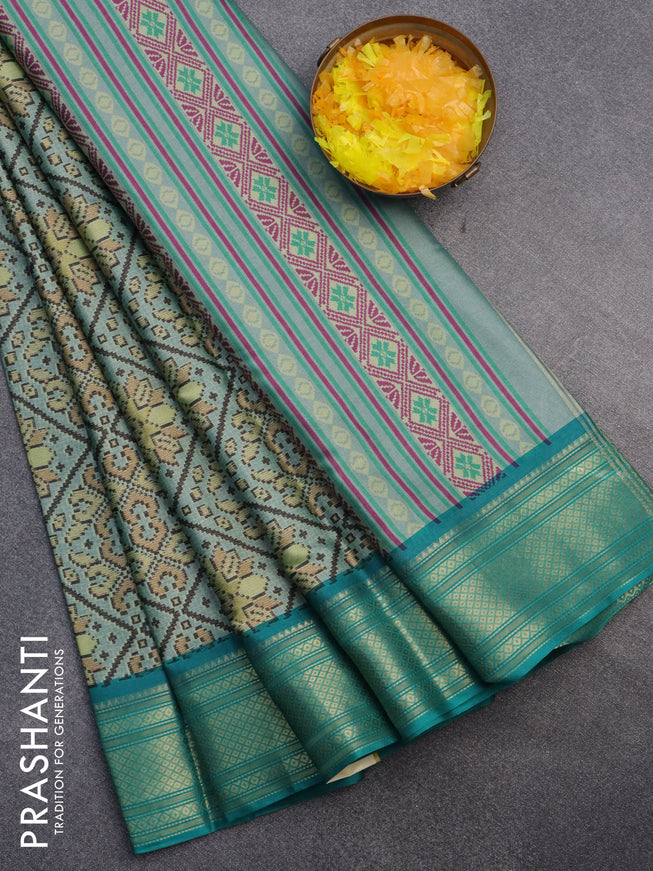 Semi kanchipuram silk saree grey shade and teal green with allover digital prints and zari woven border