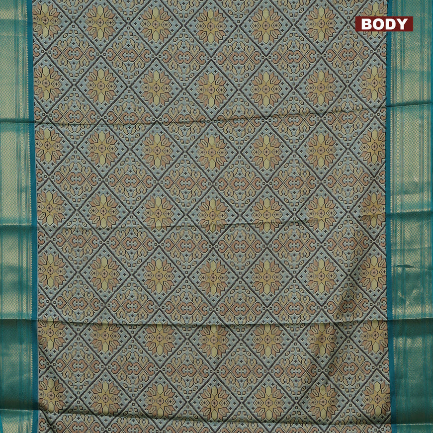 Semi kanchipuram silk saree grey shade and teal green with allover digital prints and zari woven border