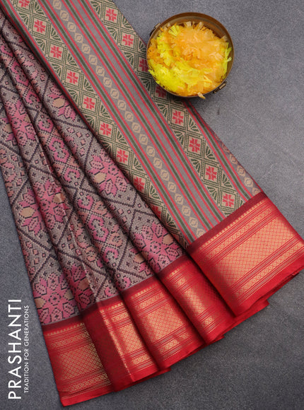 Semi kanchipuram silk saree grey and red with allover digital prints and zari woven border