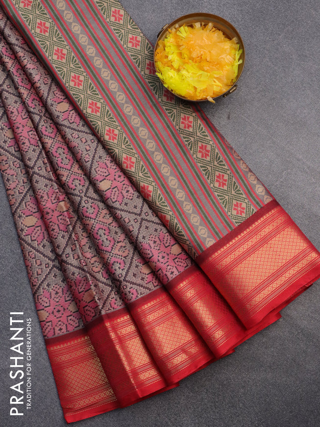 Semi kanchipuram silk saree grey and red with allover digital prints and zari woven border