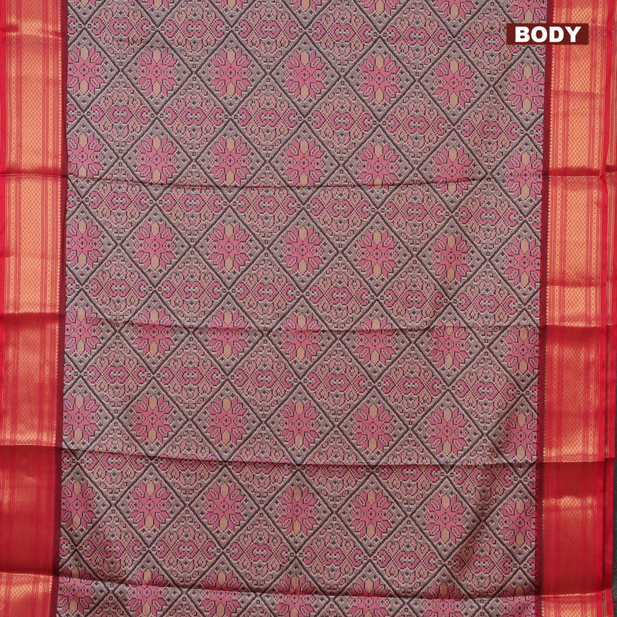 Semi kanchipuram silk saree grey and red with allover digital prints and zari woven border