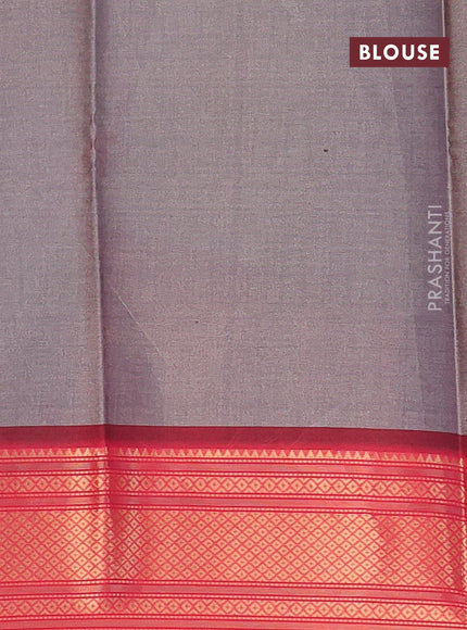 Semi kanchipuram silk saree grey and red with allover digital prints and zari woven border