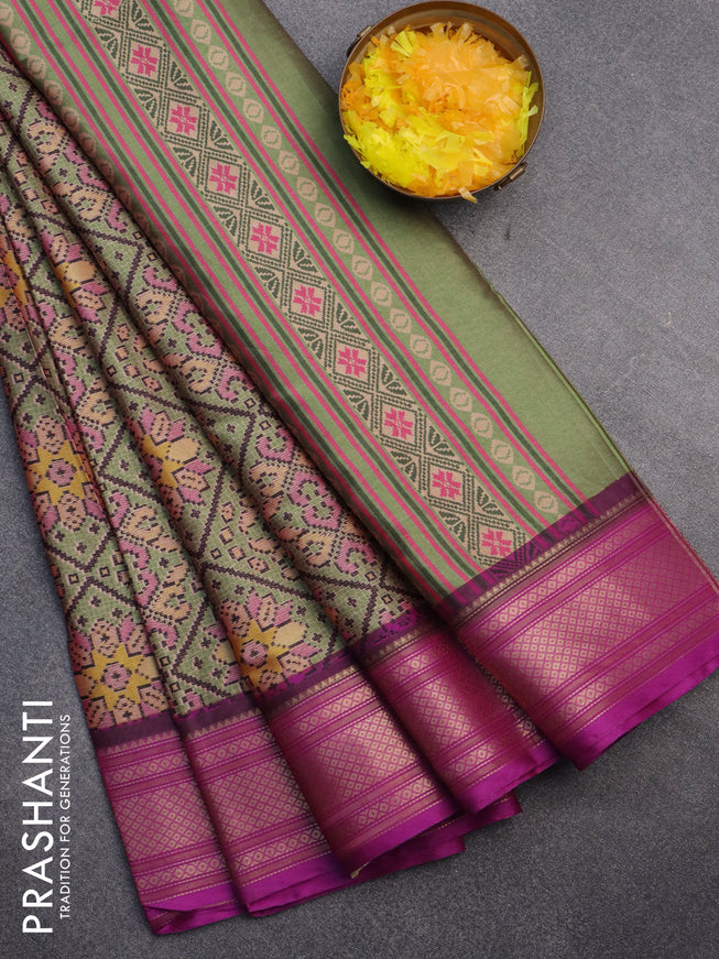 Semi kanchipuram silk saree pastel green and purple with allover digital prints and zari woven border