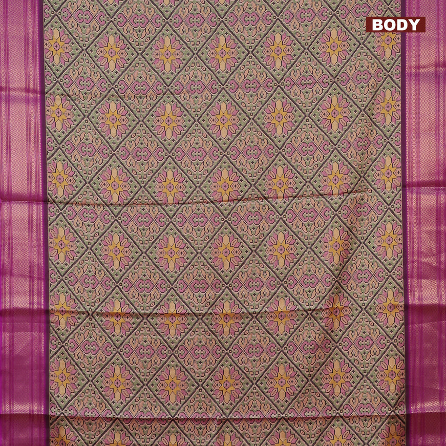 Semi kanchipuram silk saree pastel green and purple with allover digital prints and zari woven border