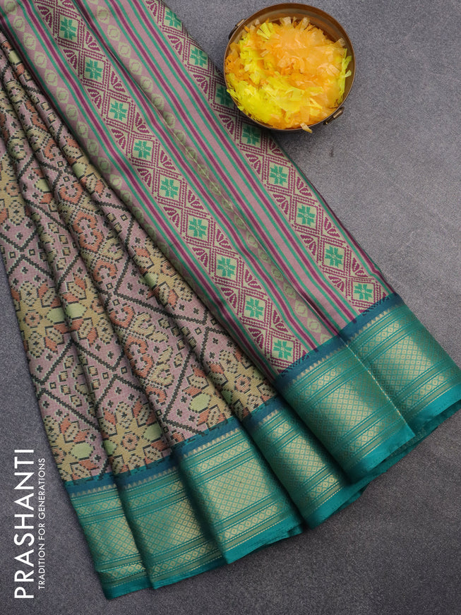 Semi kanchipuram silk saree pastel pink and teal green with allover digital prints and zari woven border