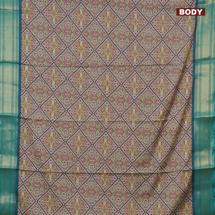 Semi kanchipuram silk saree pastel pink and teal green with allover digital prints and zari woven border