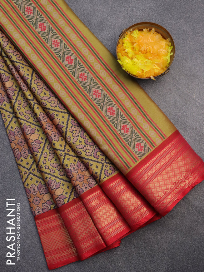 Semi kanchipuram silk saree yellow and red with allover digital prints and zari woven border