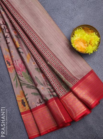 Semi kanchipuram silk saree pastel brown and red with allover floral digital prints and zari woven border