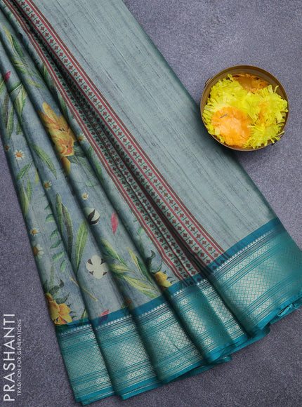 Semi kanchipuram silk saree grey shade and teal green with allover floral digital prints and zari woven border